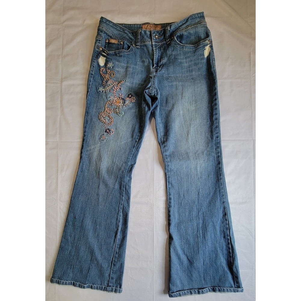 Y2K Candies Junior 9 Paisley Floral Stitched Flare Boot Cut Blue Denim Jeans VTG